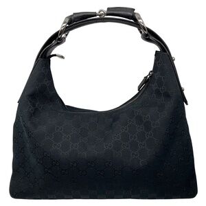GUCCI BLACK HORSEBIT GG MONOGRAM CANVAS HOBO SHOULDER BAG